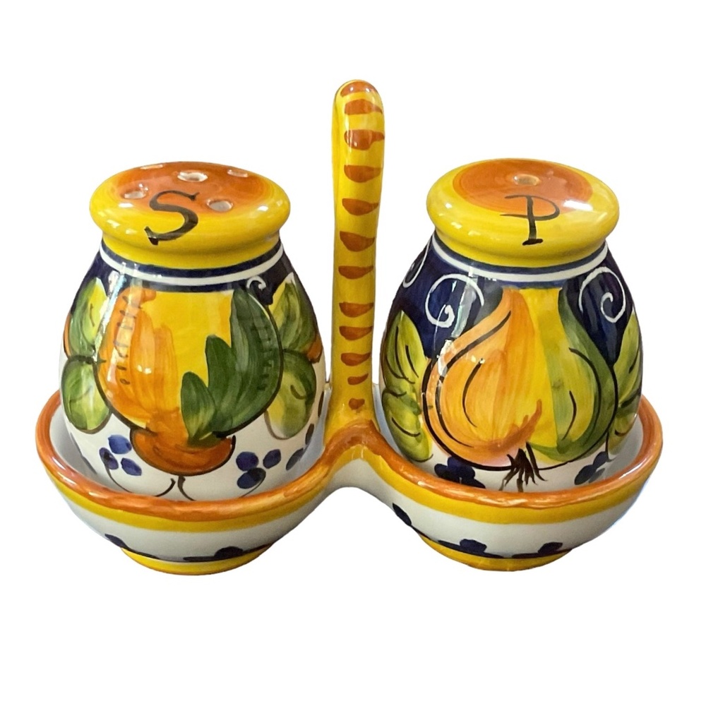 Deruta Italian - Salt & Pepper Shakers Set w/ Stand - Hand Painted Ceramic Italy